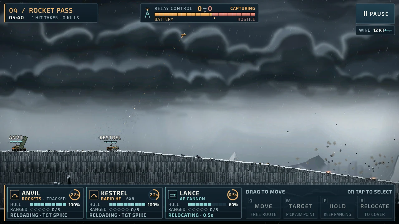 Rocket Pass gameplay: Anvil and Kestrel fire from a ridge as incoming rounds hit the pass. Vehicle controls and the relay score appear in the HUD.